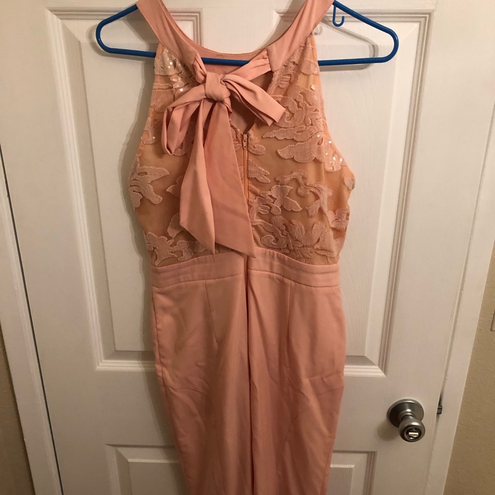 Blush color tight fitting prom dress